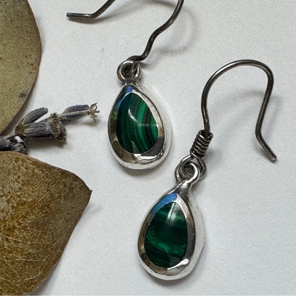 Sterling Silver Malachite Dangle Drop Earrings - Picture 9 of 9